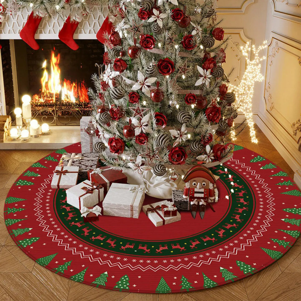 Green Trim Christmas Round Polyester Easy Care Area Rug Image - 1