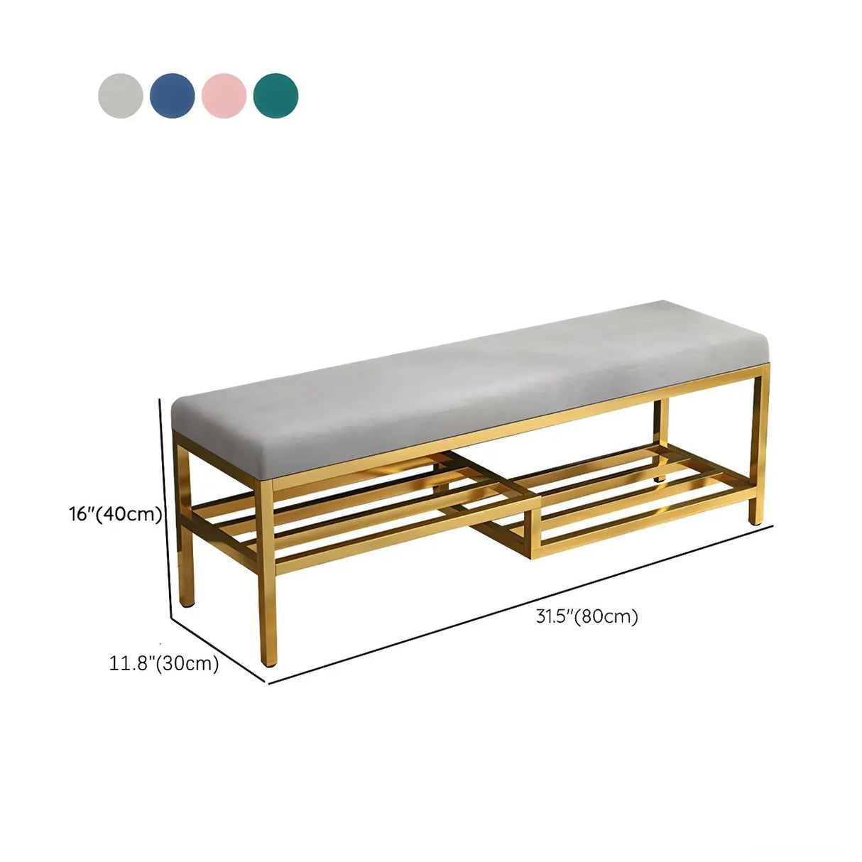 Green Velvet Metal Frame Entryway Bench with Shelves Image - 10