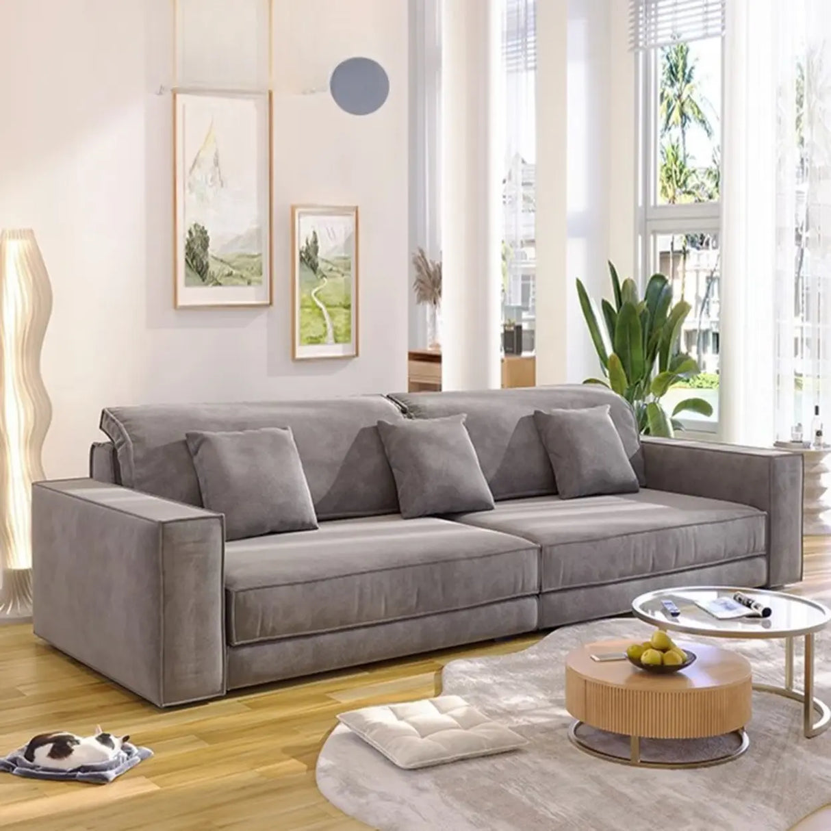Grey Abrasive Cloth Fabric Cushion Back Extra Long Sofa Image - 1
