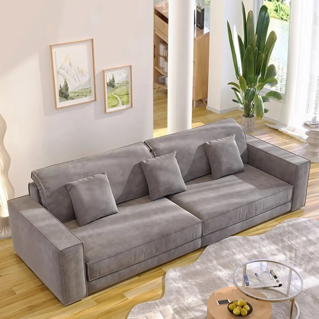 Grey Abrasive Cloth Fabric Cushion Back Extra Long Sofa Image - 2