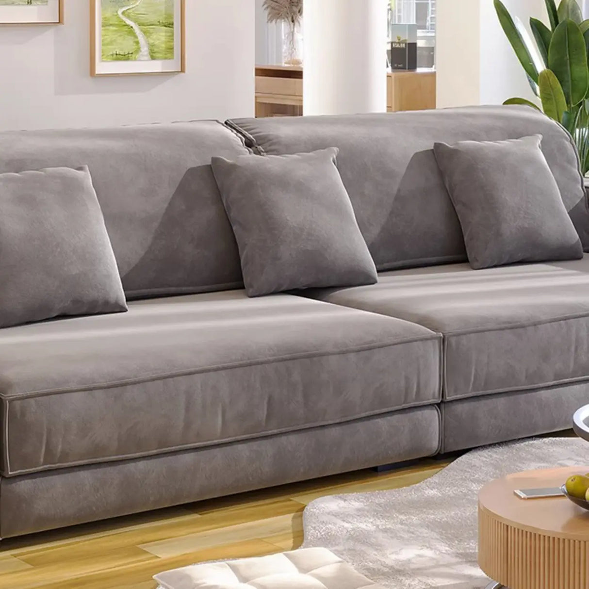 Grey Abrasive Cloth Fabric Cushion Back Extra Long Sofa Image - 8