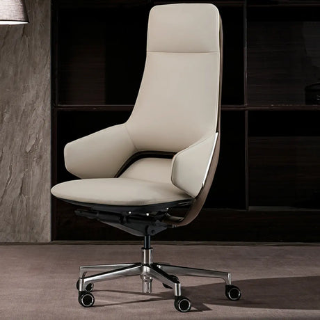 Grey Adjustable High-Back Leather Swivel Office Chair Image - 1