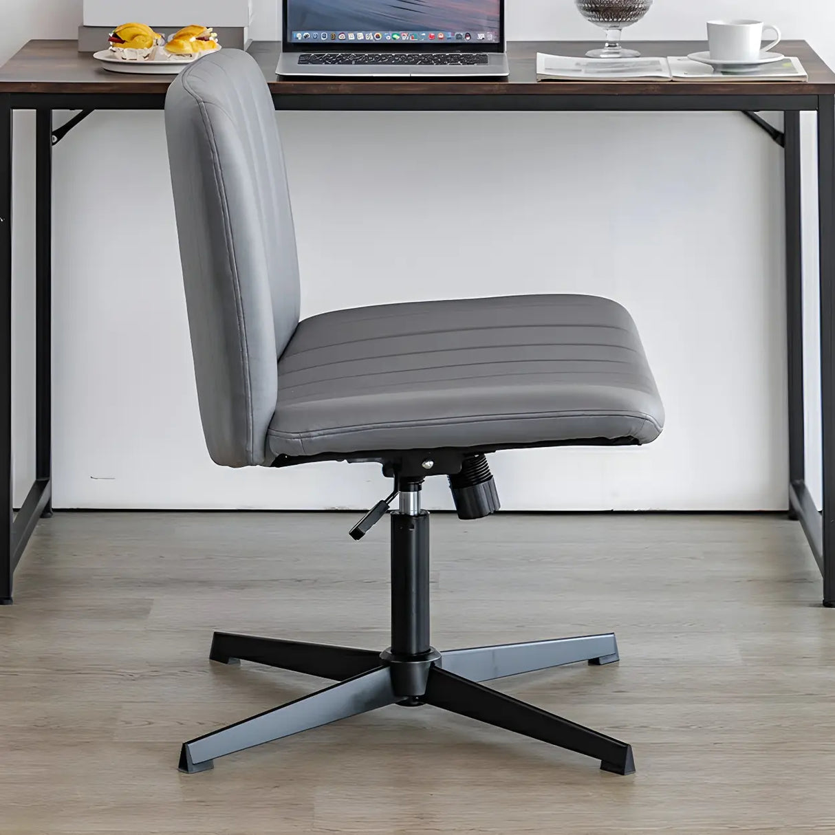 Grey Ergonomic Modern Armless Mid-Back PU Office Chair Image - 10