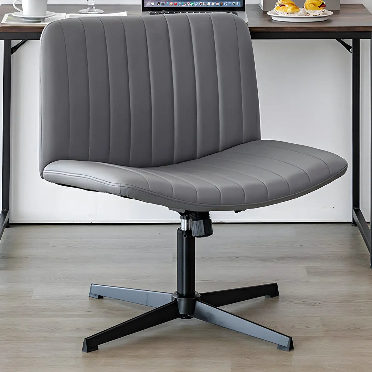 Grey Ergonomic Modern Armless Mid-Back PU Office Chair Image - 12