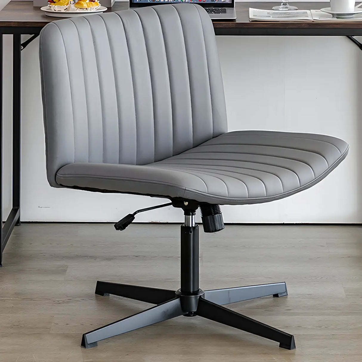 Grey Ergonomic Modern Armless Mid-Back PU Office Chair Image - 4