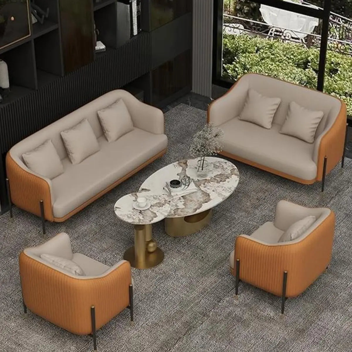 Grey Faux Leather Metal Frame Chair with Coffee Table Image - 15
