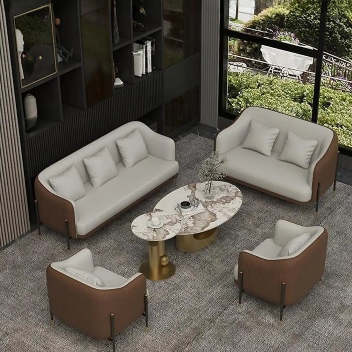 Grey Faux Leather Metal Frame Chair with Coffee Table Image - 18
