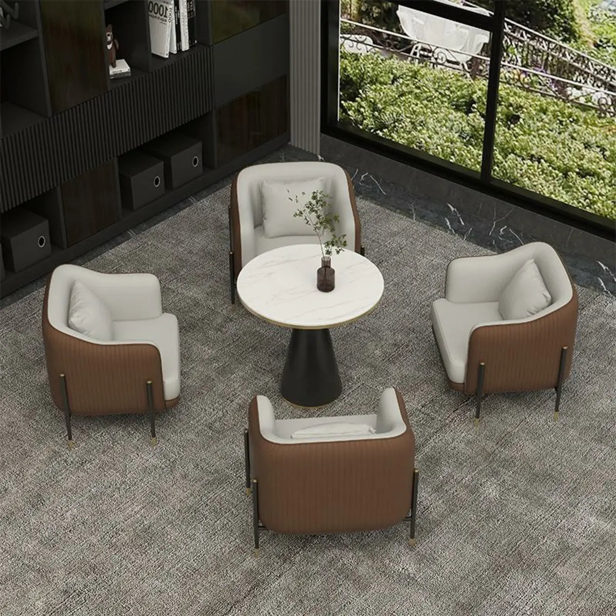 Grey Faux Leather Metal Frame Chair with Coffee Table Image - 2