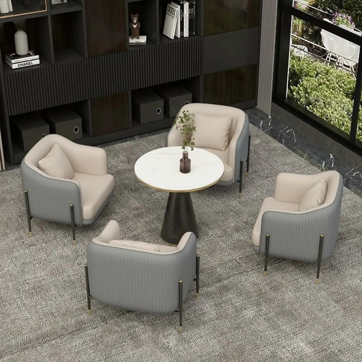 Grey Faux Leather Metal Frame Chair with Coffee Table Image - 4