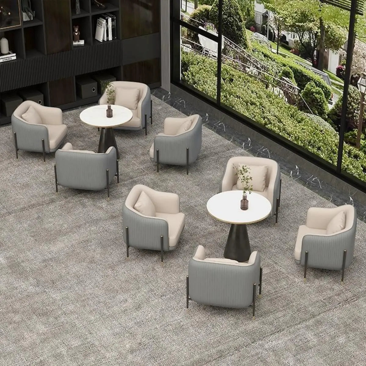 Grey Faux Leather Metal Frame Chair with Coffee Table Image - 6