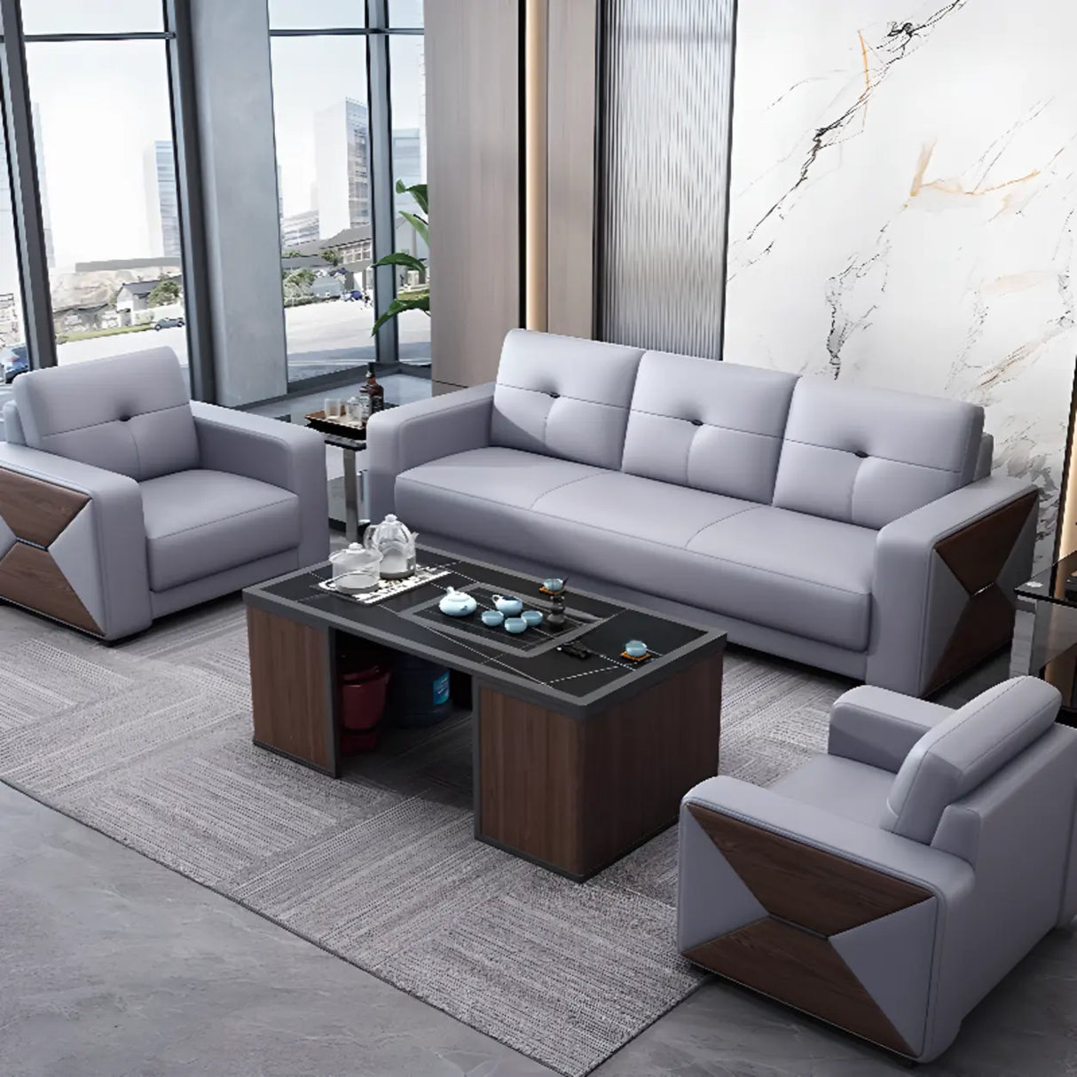 Grey Faux Leather Office Reception Sofa with Gliders Image - 5