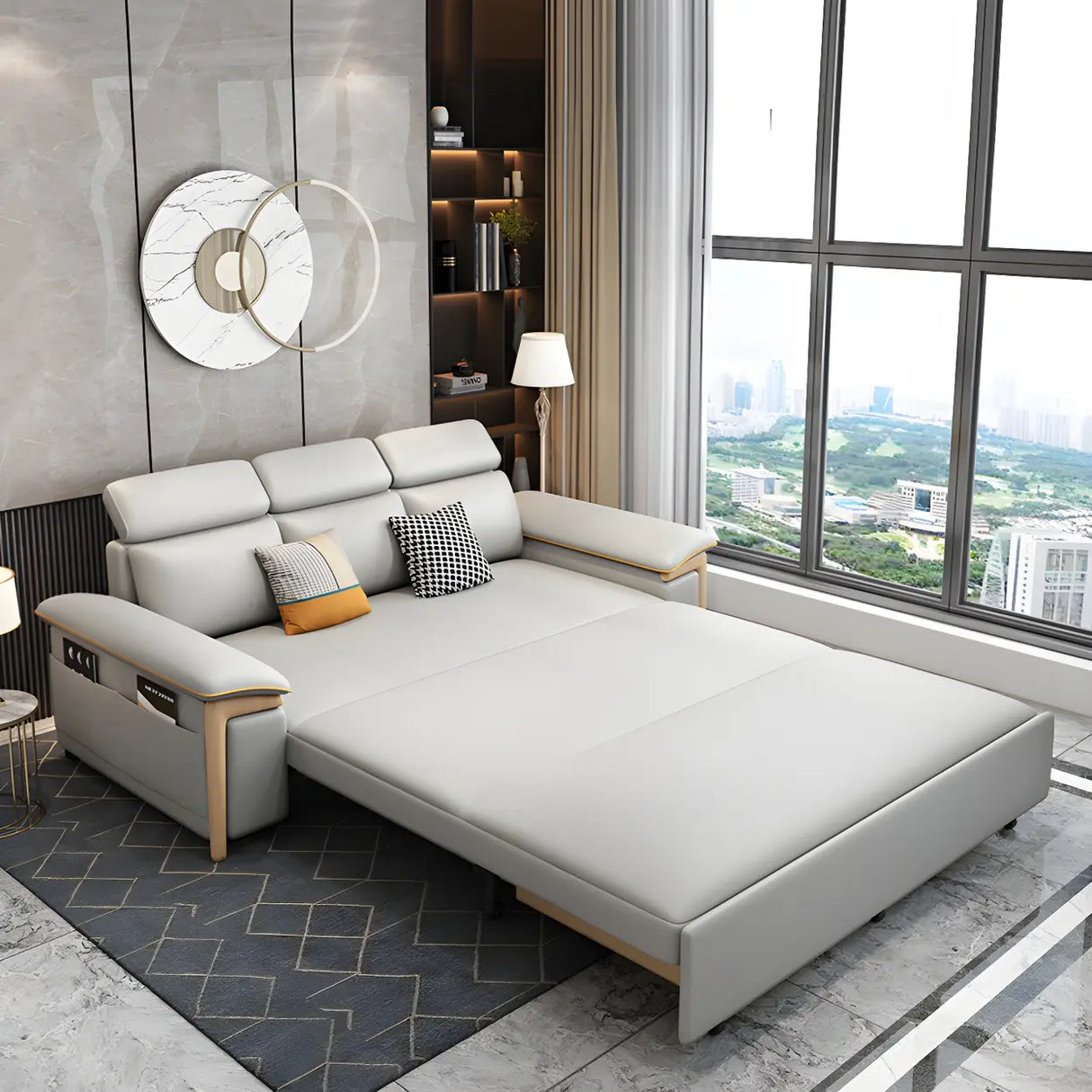 Grey Faux Leather Pillow Top Arm Storage Sofa Bed Image - 10