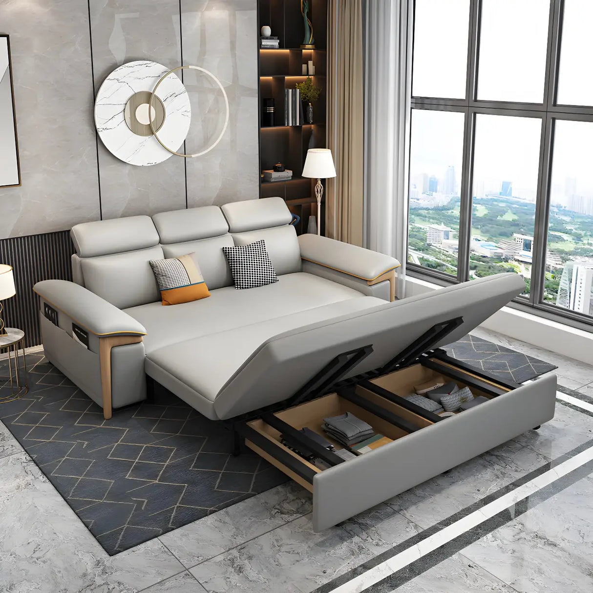 Grey Faux Leather Pillow Top Arm Storage Sofa Bed Image - 3
