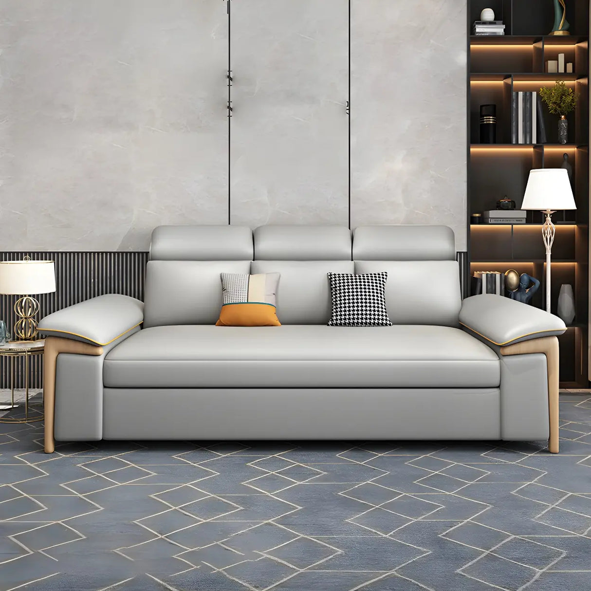 Grey Faux Leather Pillow Top Arm Storage Sofa Bed Image - 4
