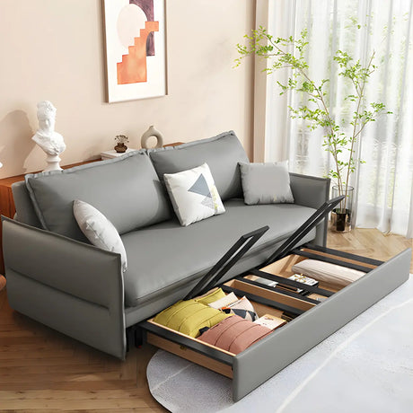 Grey Faux Leather Sewn Pillow Back Storage Sofa Bed Image - 1