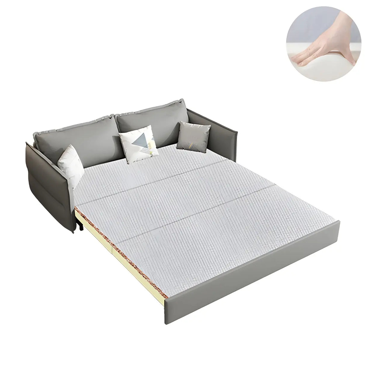 Grey Faux Leather Sewn Pillow Back Storage Sofa Bed Image - 13