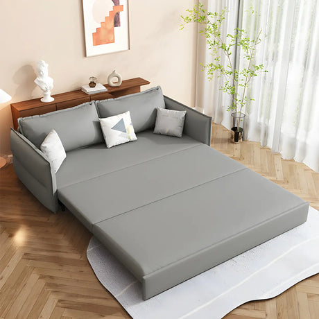 Grey Faux Leather Sewn Pillow Back Storage Sofa Bed Image - 2