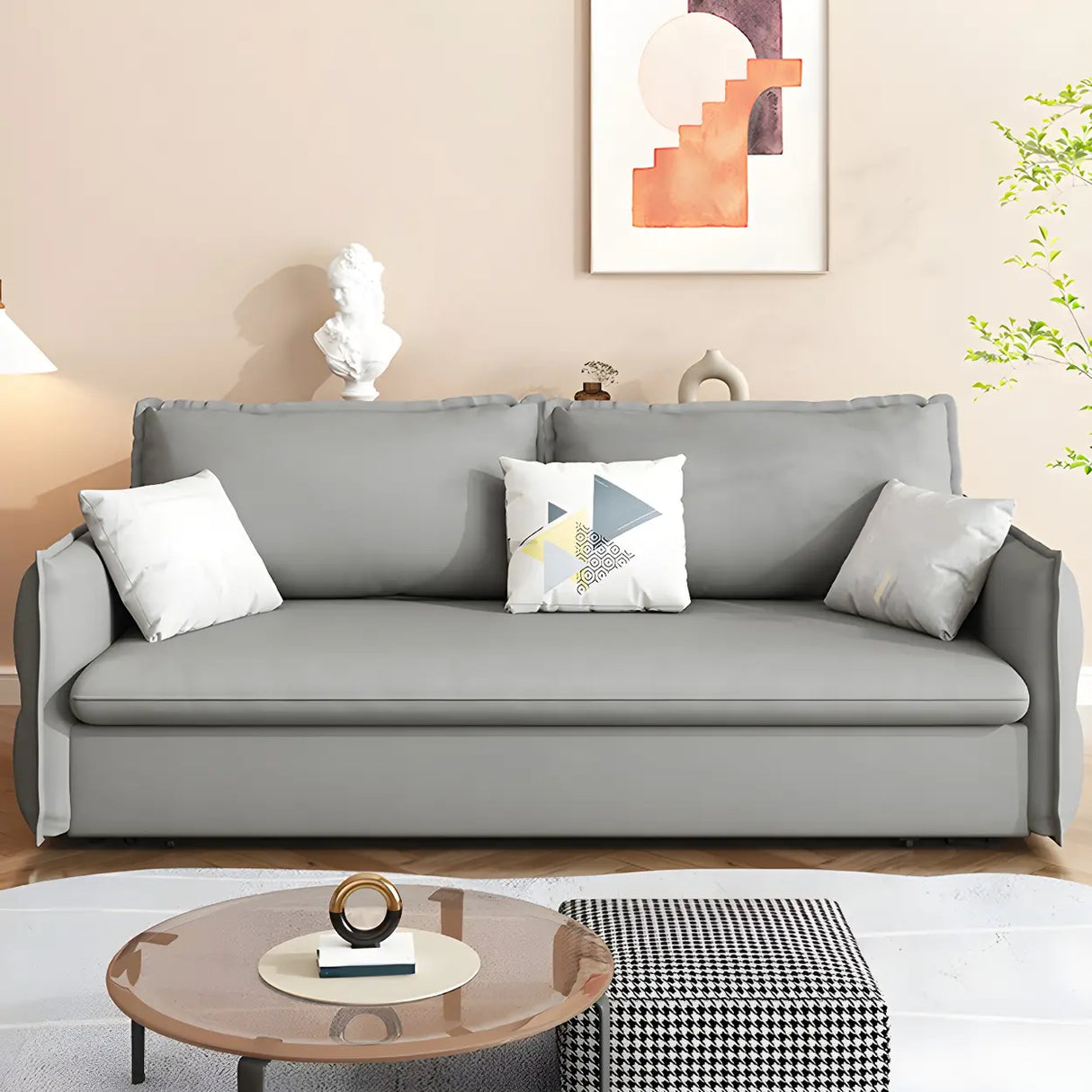 Grey Faux Leather Sewn Pillow Back Storage Sofa Bed Image - 3