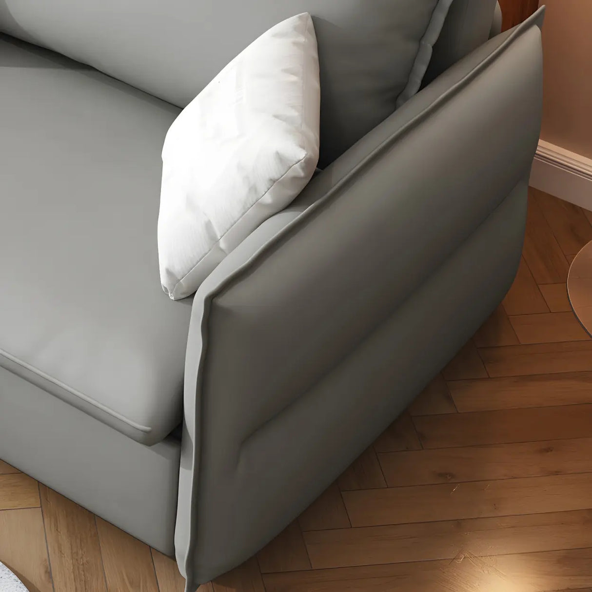 Grey Faux Leather Sewn Pillow Back Storage Sofa Bed Image - 9