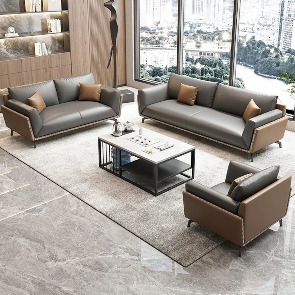 Grey Faux Leather Upholstered Back Reception Sofa Set Image - 1