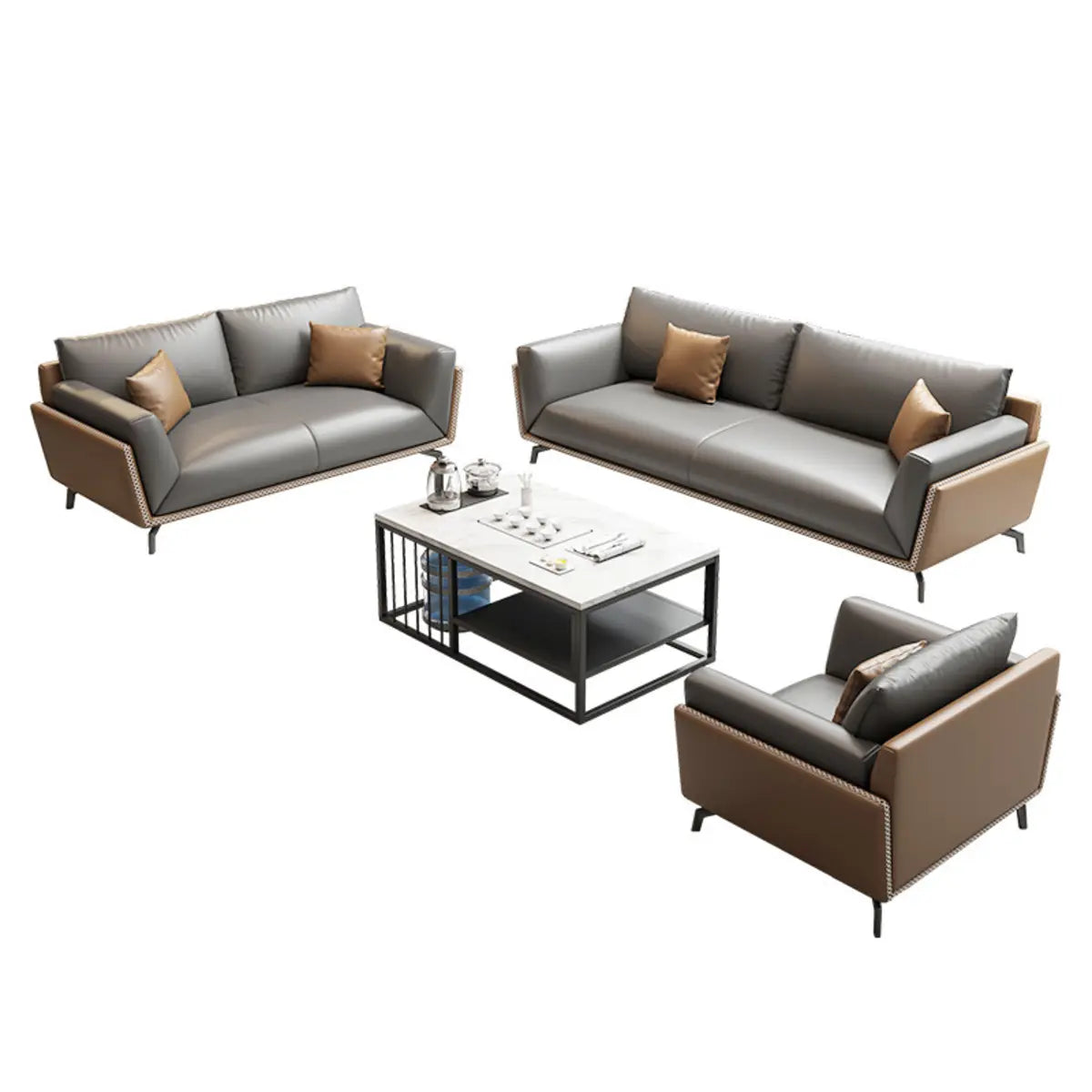 Grey Faux Leather Upholstered Back Reception Sofa Set Image - 10