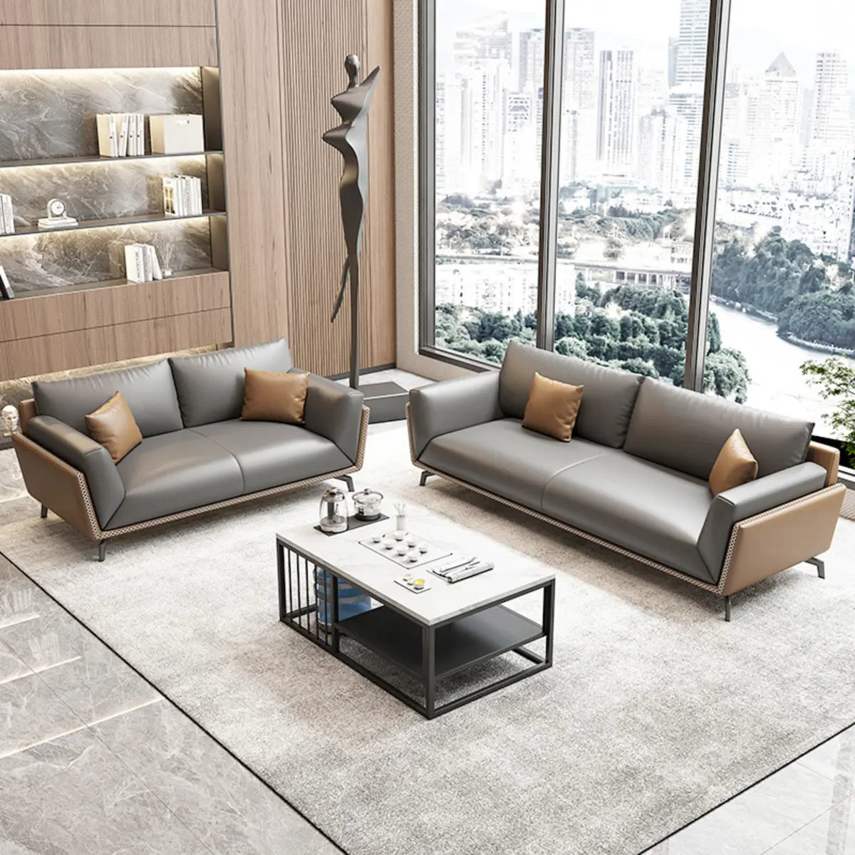 Grey Faux Leather Upholstered Back Reception Sofa Set Image - 4