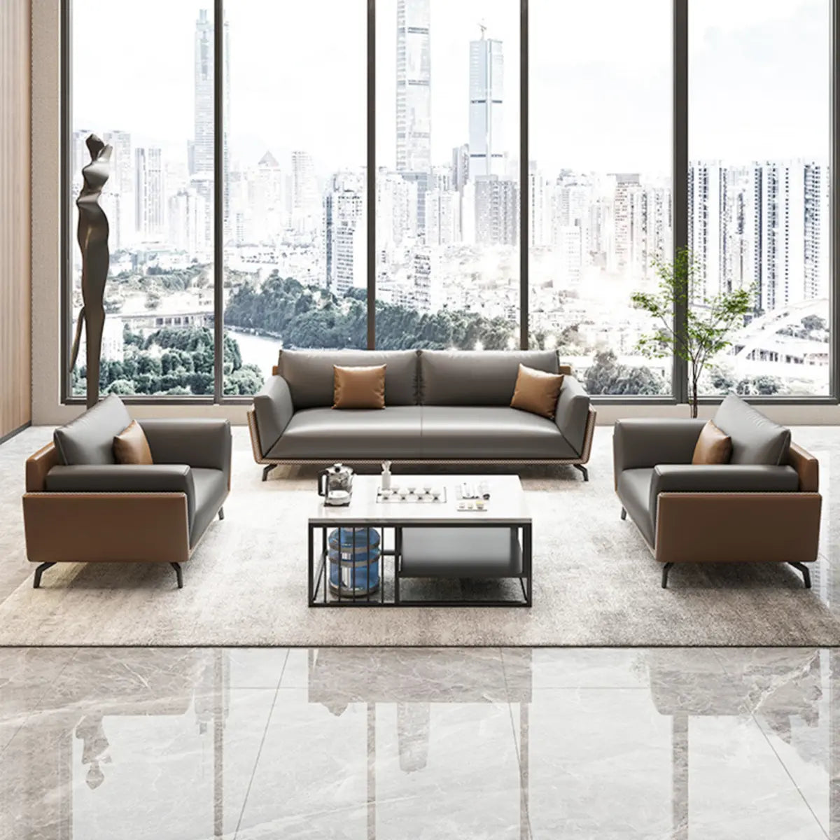 Grey Faux Leather Upholstered Back Reception Sofa Set Image - 6