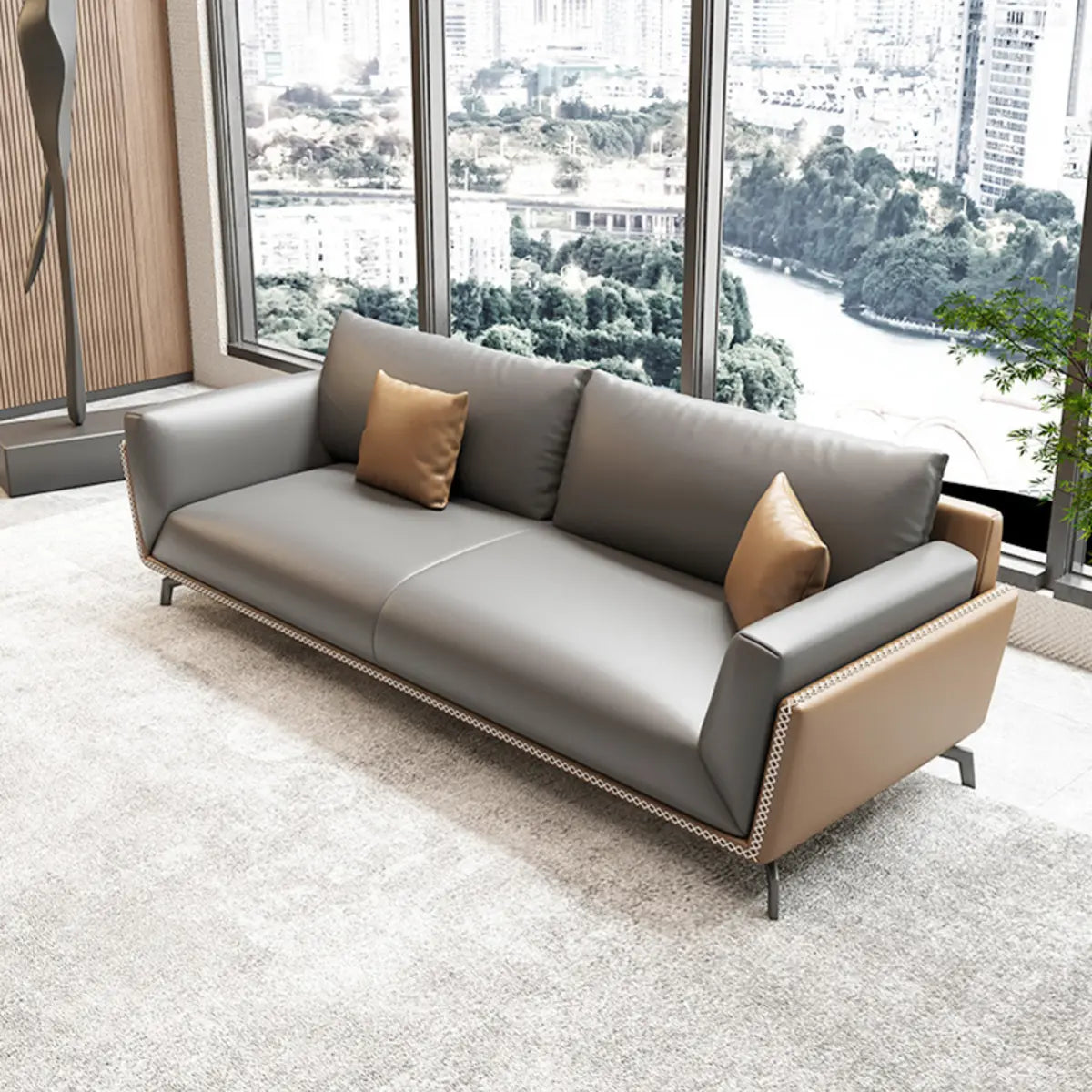 Grey Faux Leather Upholstered Back Reception Sofa Set Image - 8