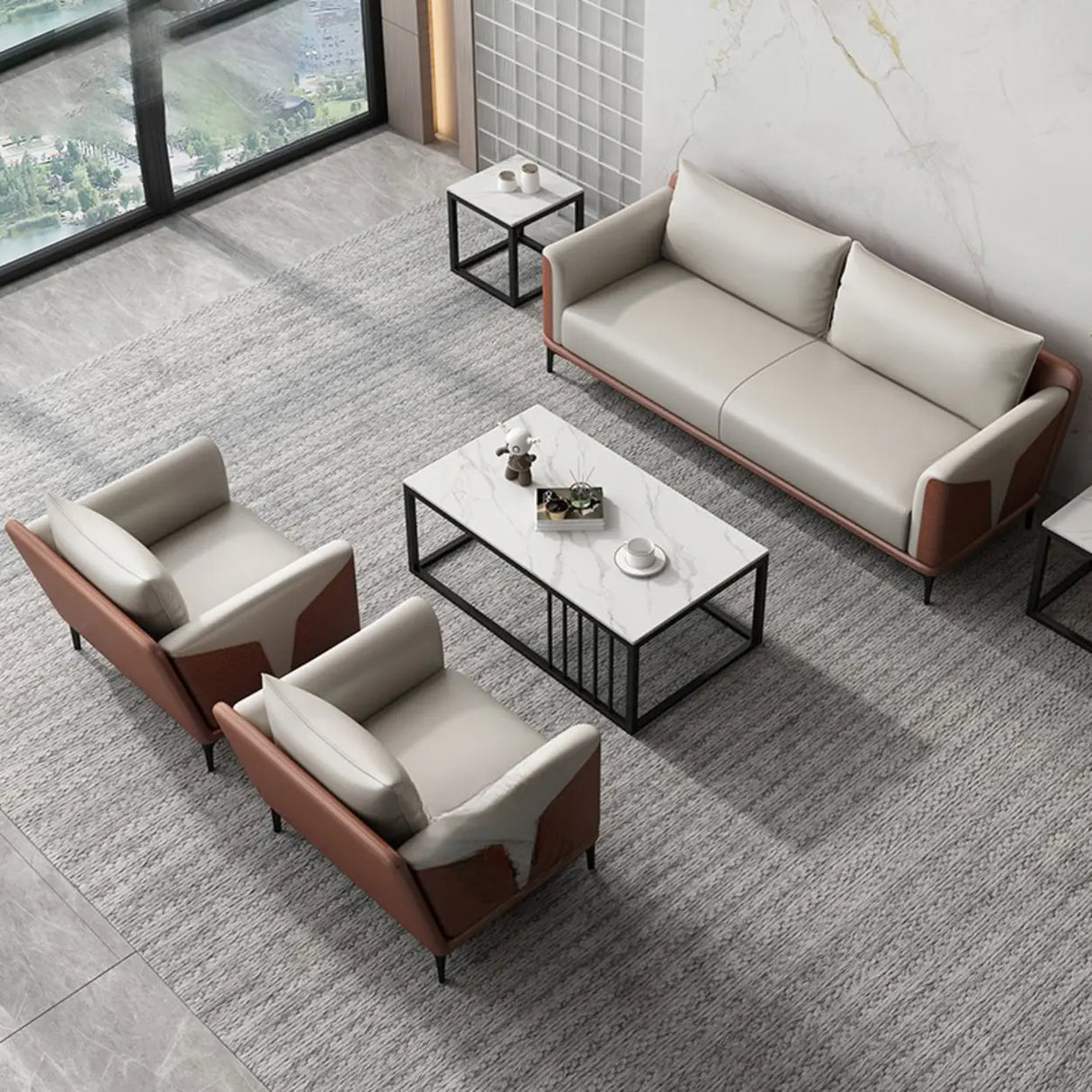 Grey Faux Leather Upholstered Back Sofa Seating Group Image - 6