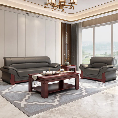 Grey Faux Leather Wooden Frame Office Sofa with Arms Image - 1