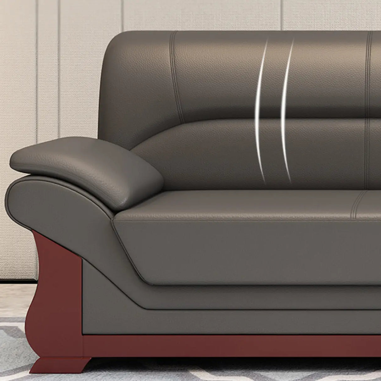 Grey Faux Leather Wooden Frame Office Sofa with Arms Image - 10