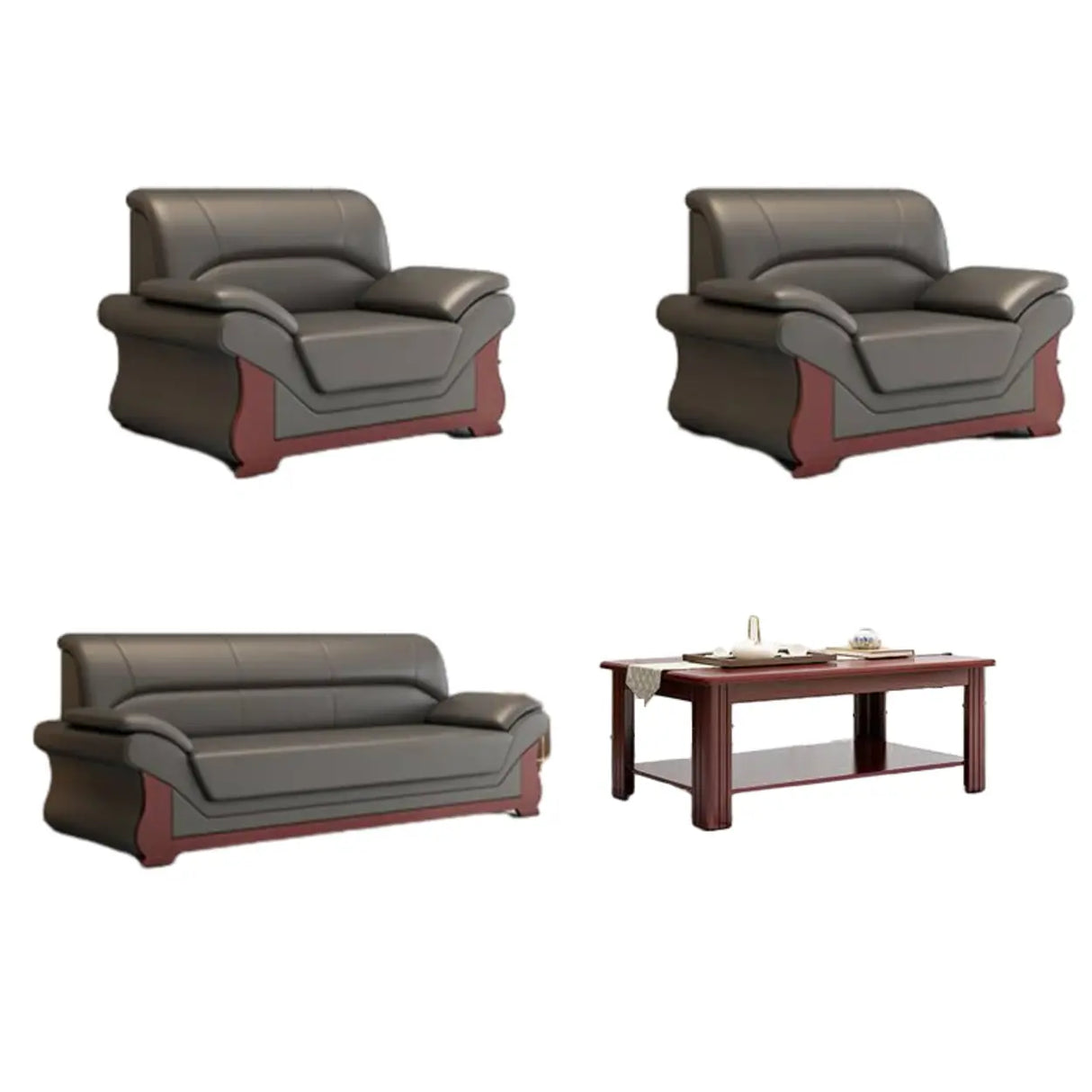 Grey Faux Leather Wooden Frame Office Sofa with Arms Image - 11