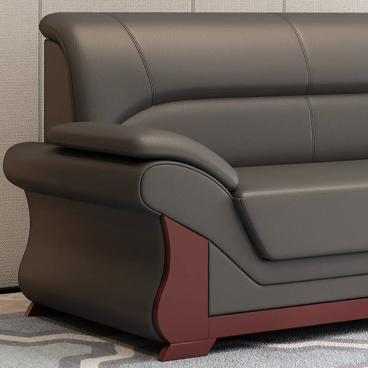 Grey Faux Leather Wooden Frame Office Sofa with Arms Image - 12