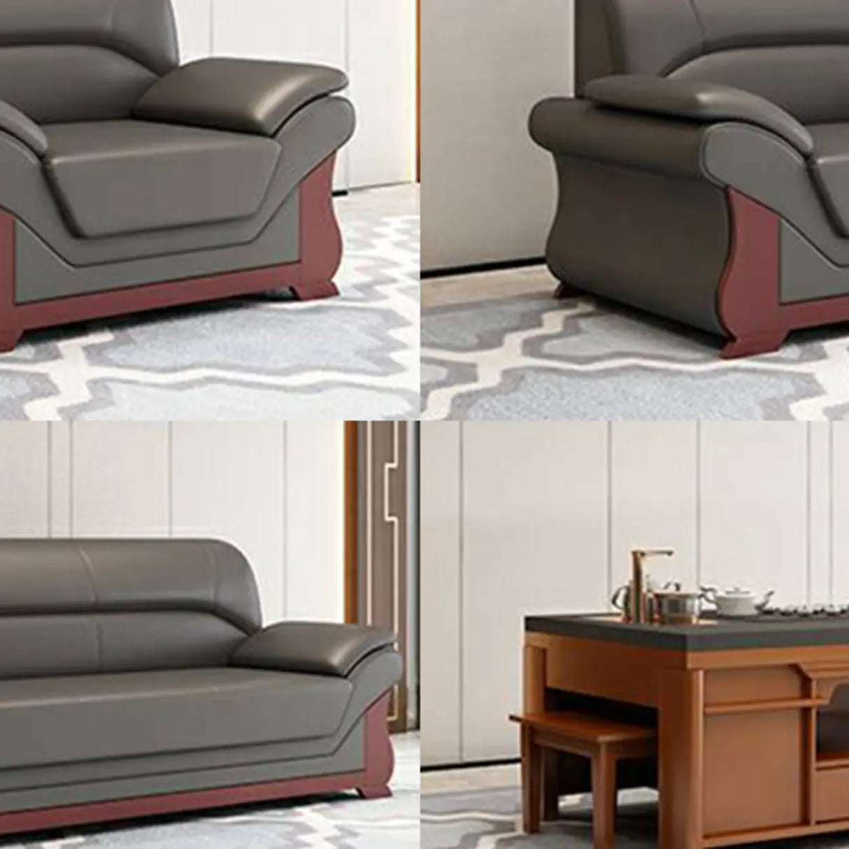Grey Faux Leather Wooden Frame Office Sofa with Arms Image - 13