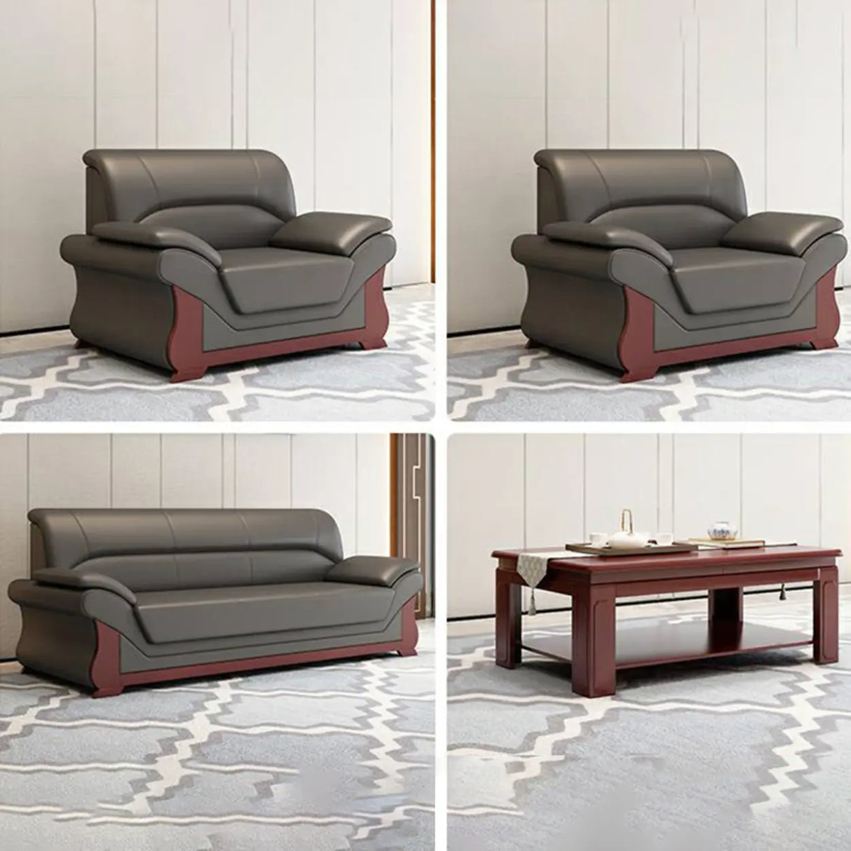 Grey Faux Leather Wooden Frame Office Sofa with Arms Image - 14