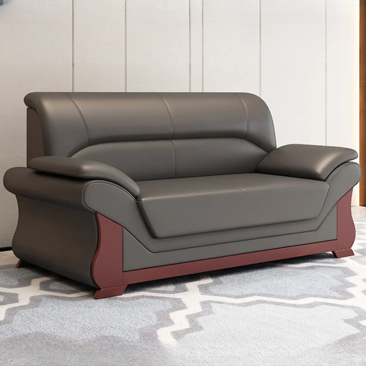 Grey Faux Leather Wooden Frame Office Sofa with Arms Image - 3