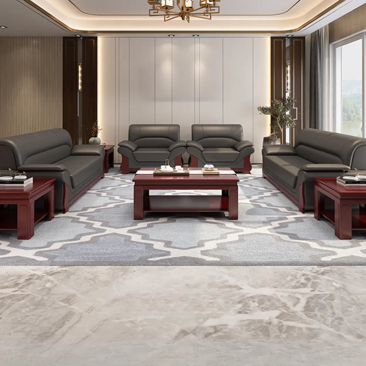 Grey Faux Leather Wooden Frame Office Sofa with Arms Image - 4