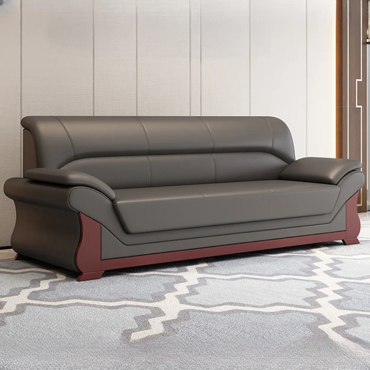 Grey Faux Leather Wooden Frame Office Sofa with Arms Image - 5