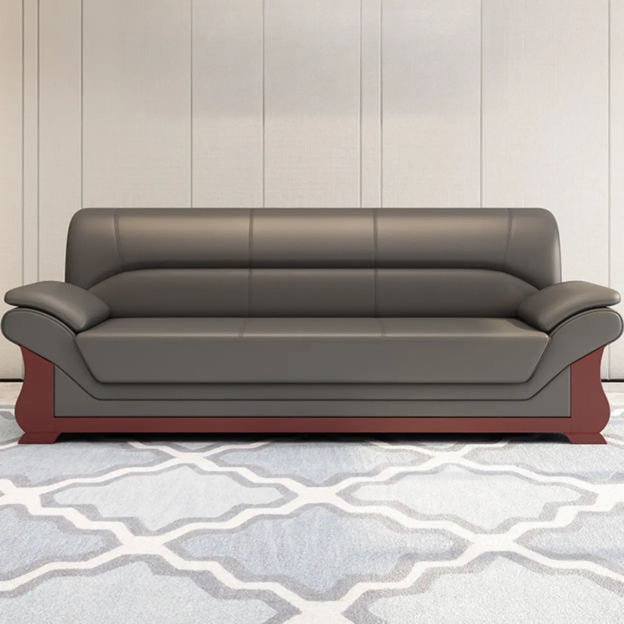 Grey Faux Leather Wooden Frame Office Sofa with Arms Image - 6