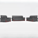 Grey Faux Leather Wooden Frame Office Sofa with Arms Image - 7