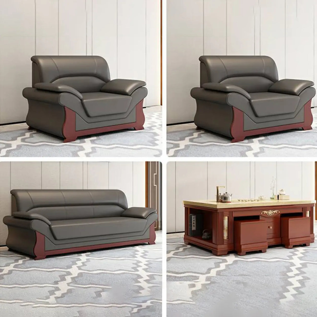 Grey Faux Leather Wooden Frame Office Sofa with Arms Image - 8