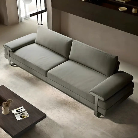 Grey Full Grain Cow Leather Pillow Back Black Leg Sofa Image - 2