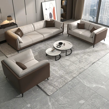 Grey Genuine Leather Sewn Pillow Back Sofa with Legs Image - 1