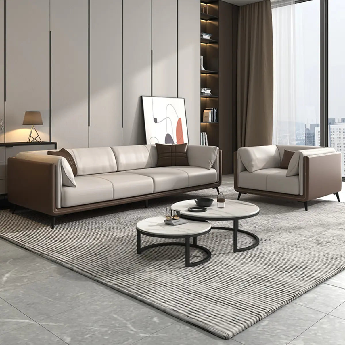 Grey Genuine Leather Sewn Pillow Back Sofa with Legs Image - 4