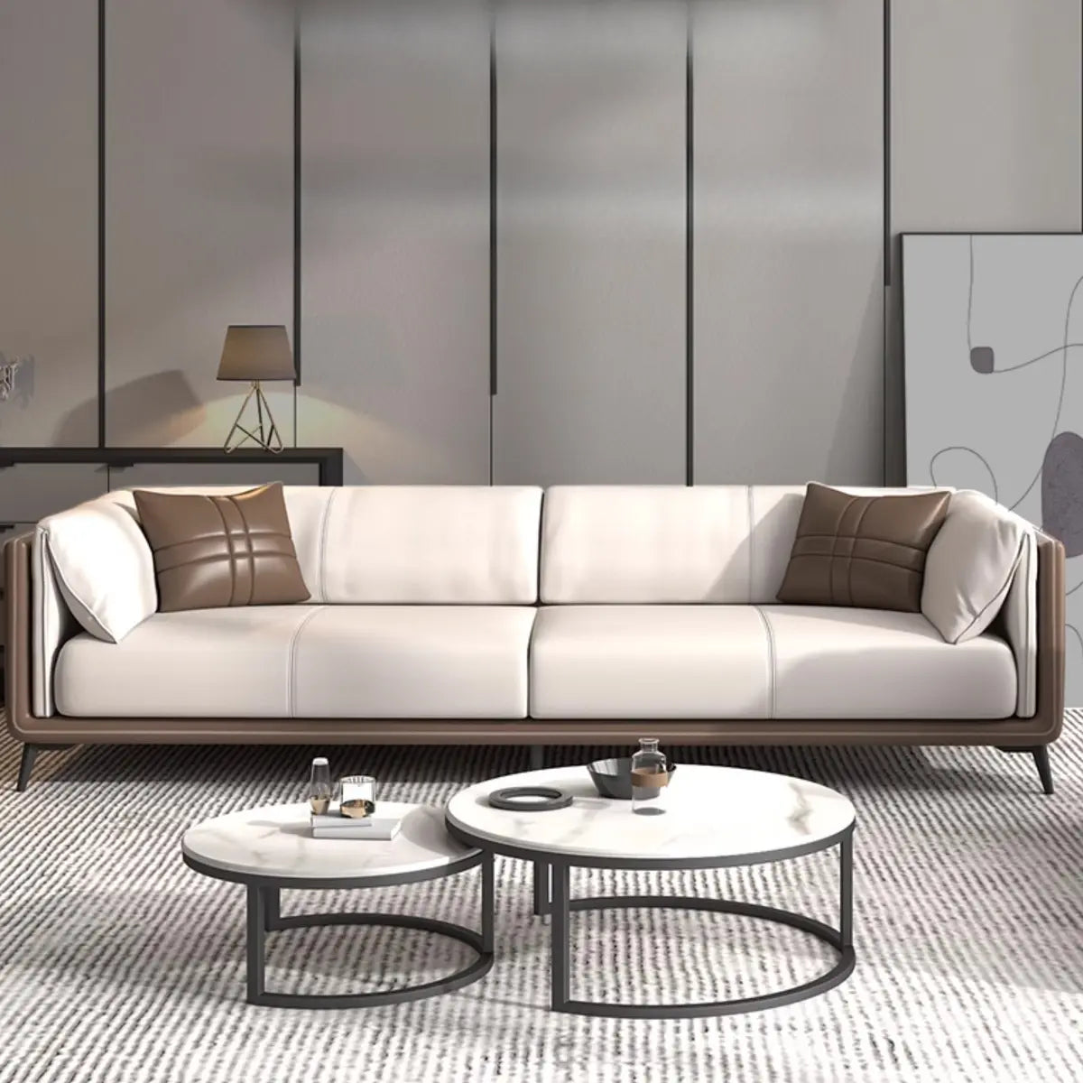 Grey Genuine Leather Sewn Pillow Back Sofa with Legs Image - 5
