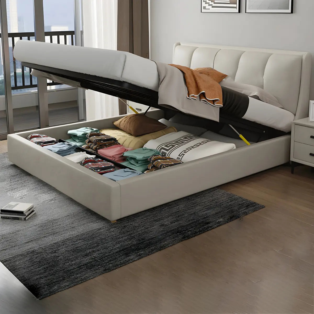 Grey King Upholstered Fabric Storage Bed with Headboard Image - 9