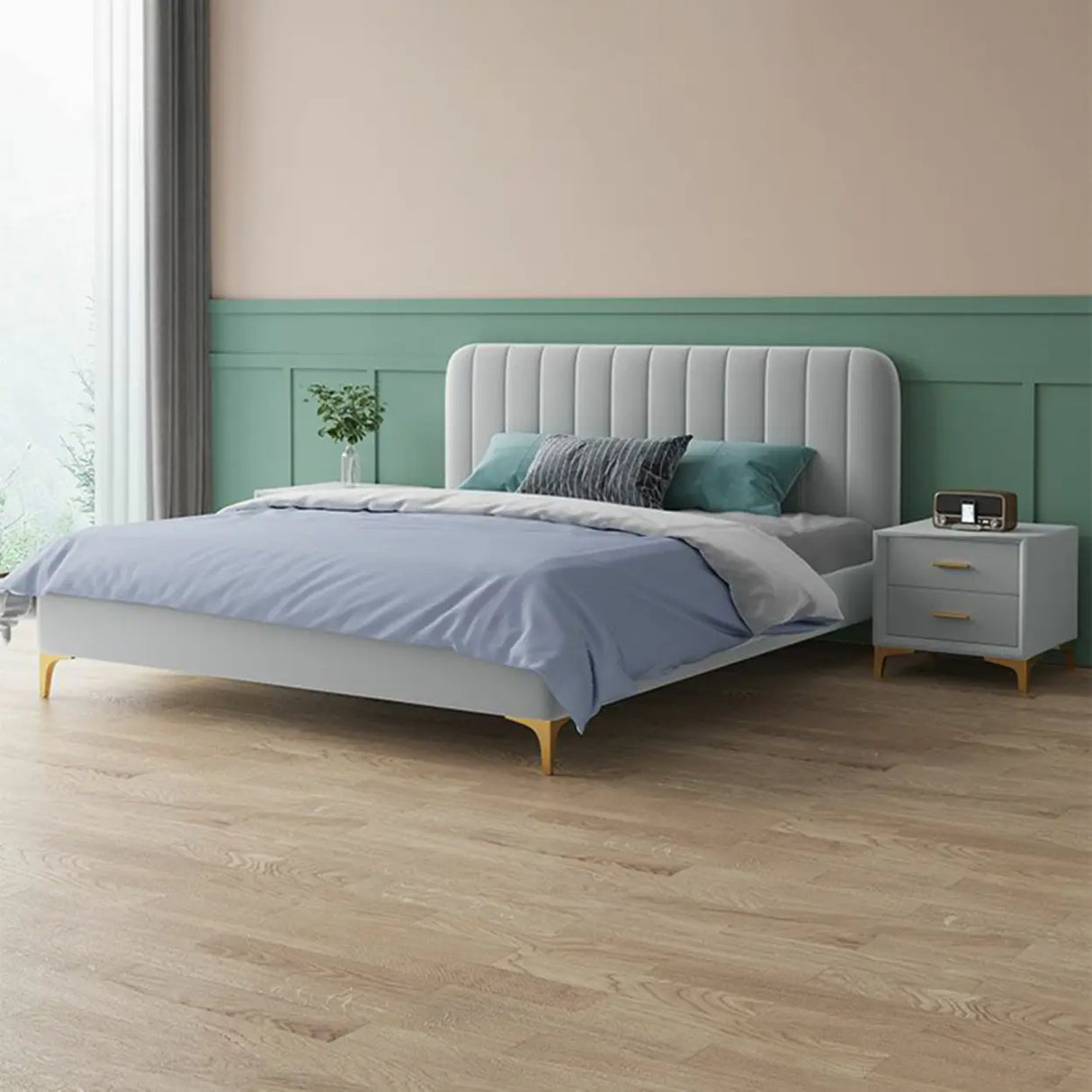Grey King Upholstered Headboard Alloy Panel Bed Frame Image - 1
