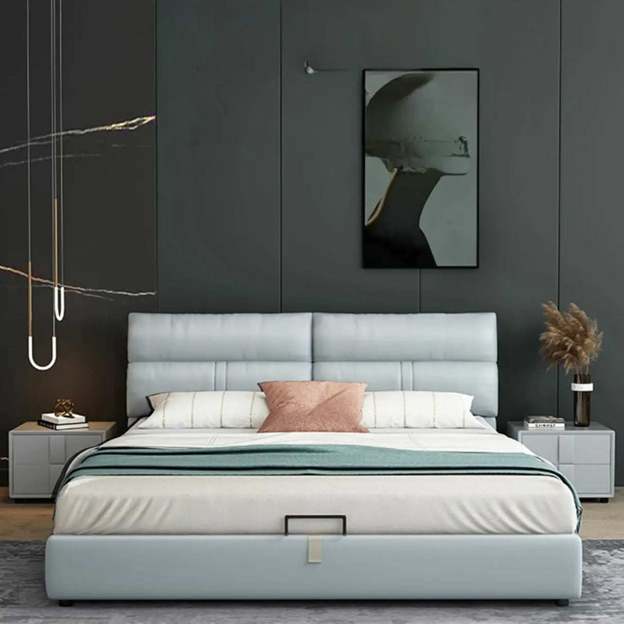 Grey King Upholstered Wood Storage Bed with Drawers Image - 3
