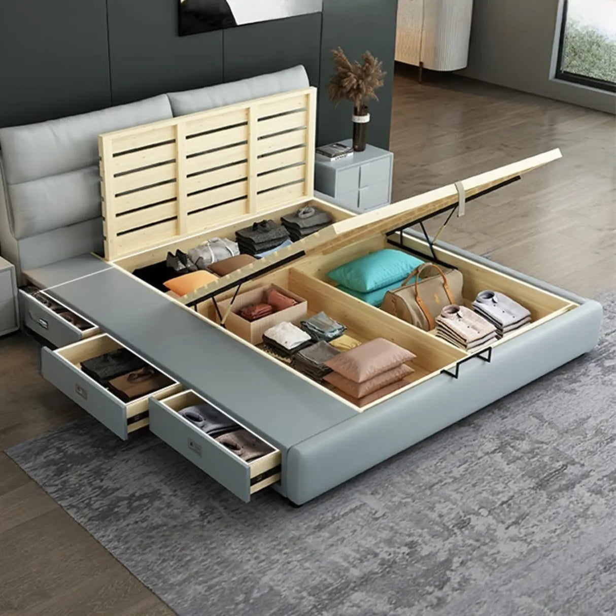 Grey King Upholstered Wood Storage Bed with Drawers Image - 6