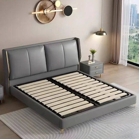Grey King Wood Upholstered Wingback Bed with Storage Image - 2